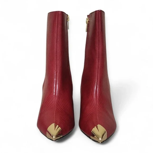 New York & CO Kyla Pointed Toe Bootie 8 New - Red Faux Lizard Leather Embossed - Picture 4 of 11